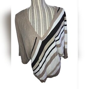 New York & Co Striped V-Neck Sweater - Tan, Black, White Size  M
